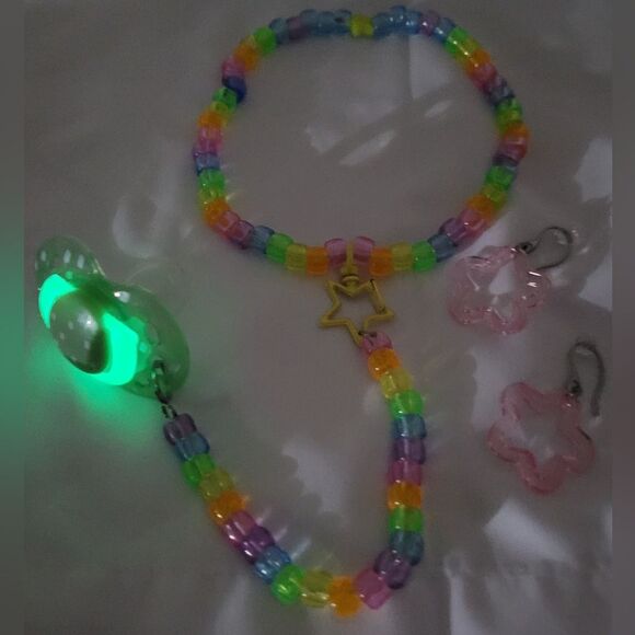 Jolly Rancher Kandi Kid Drop Necklace Binky Cord Binky Earring Rave Set - Picture 4 of 9
